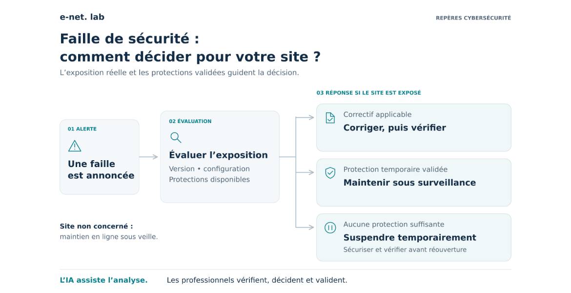 L&eacute;gende : La r&eacute;ponse &agrave; une faille d&eacute;pend de l&rsquo;exposition r&eacute;elle du site et des protections valid&eacute;es. La version de PHP constitue un &eacute;l&eacute;ment du diagnostic, pas une d&eacute;cision &agrave; elle seule.